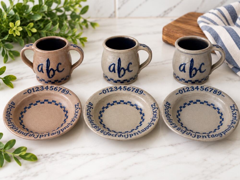 Vintage Rowe Pottery Works ABC Child Mug & Plate Sets Lot of 3 Salt Glaze 1990s